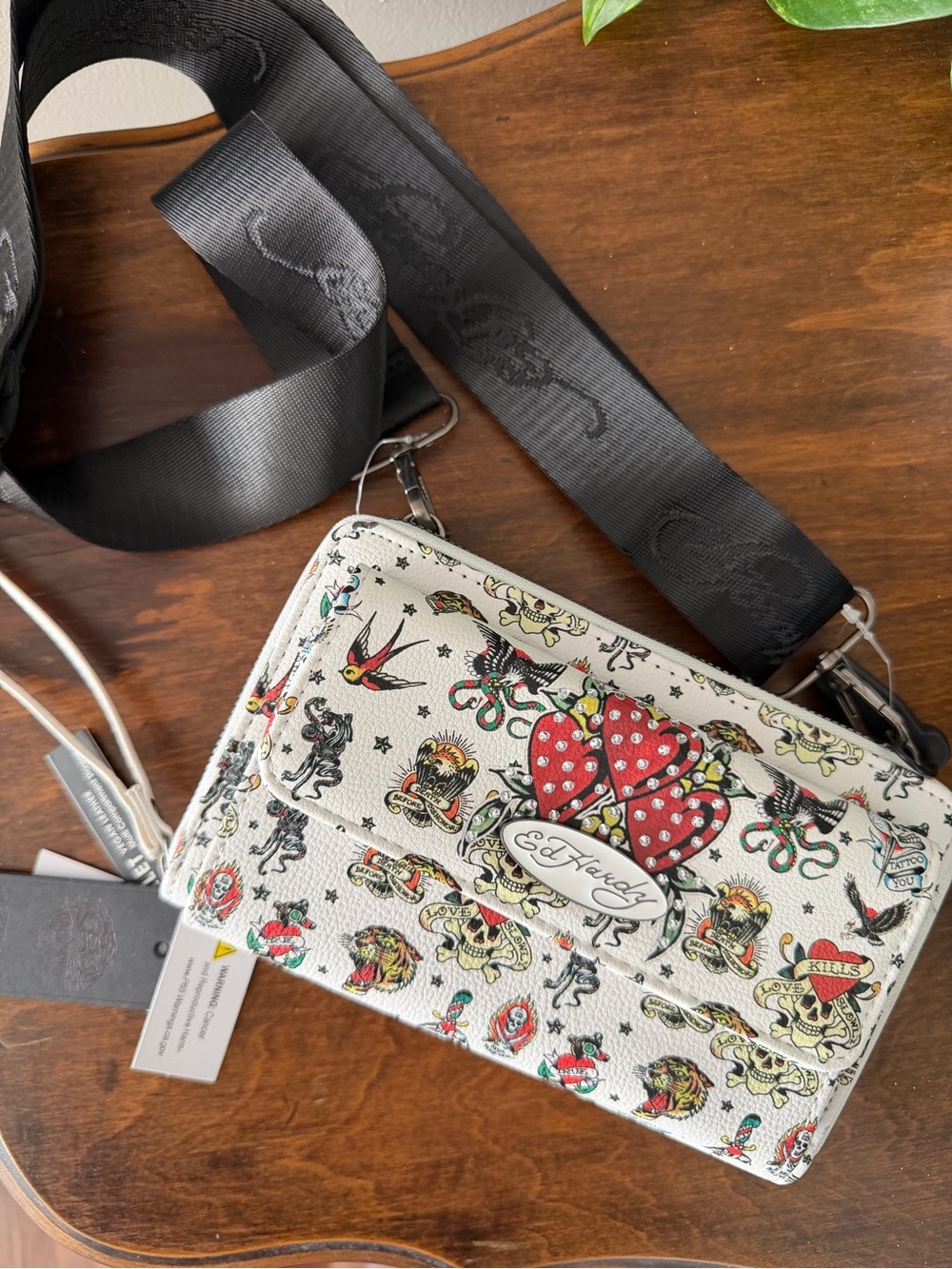 NWT. Ed Hardy White Tattoo-Print Crossbody with Red Heart Detail
